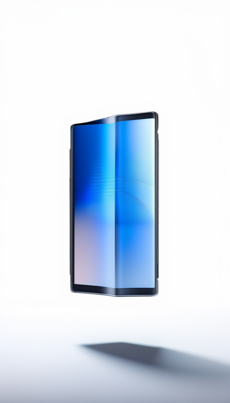 Galaxy Z Fold, partially folded, glowing blue display on a white studio background